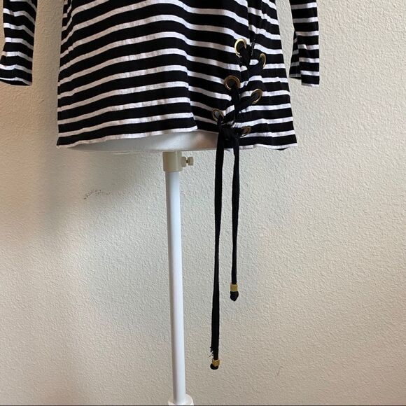 MICHAEL Michael Kors Black Stripe Front Tie 3/4 Sleeve Stretchy Top Large - Picture 4 of 11